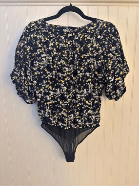 Free People Dessa Bodysuit Floral Puff Sleeve Black & Yellow Small